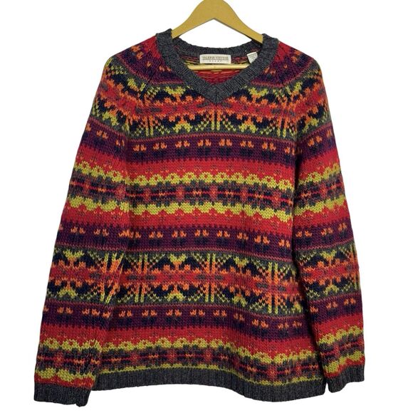 Vintage Wool Chunky Knit Nordic Sweater Womens Large V-Neck Pullover Holiday 90s - Picture 1 of 6